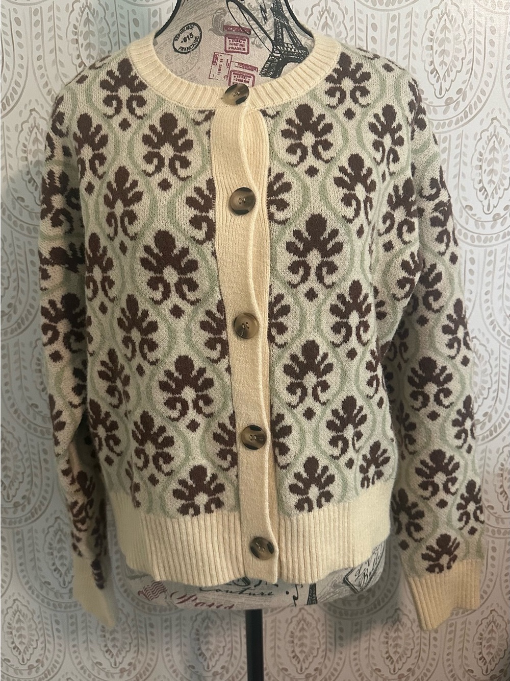 Amazon Cream and Brown Floral Button-Up Cardigan Sweater only used once.